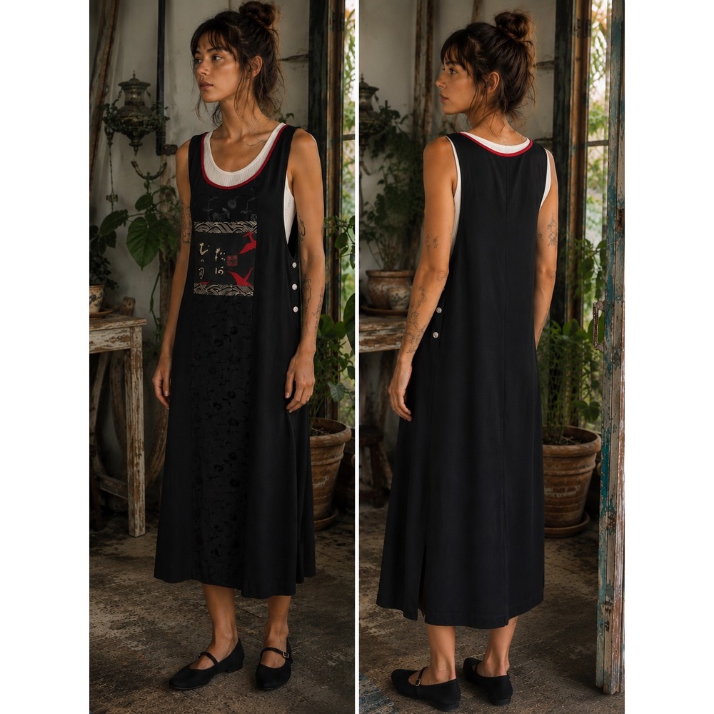 Vintage Japanese Inspired Tunic Jumper‎ Dress Cranes S/M Artsy Lagenlook Asian